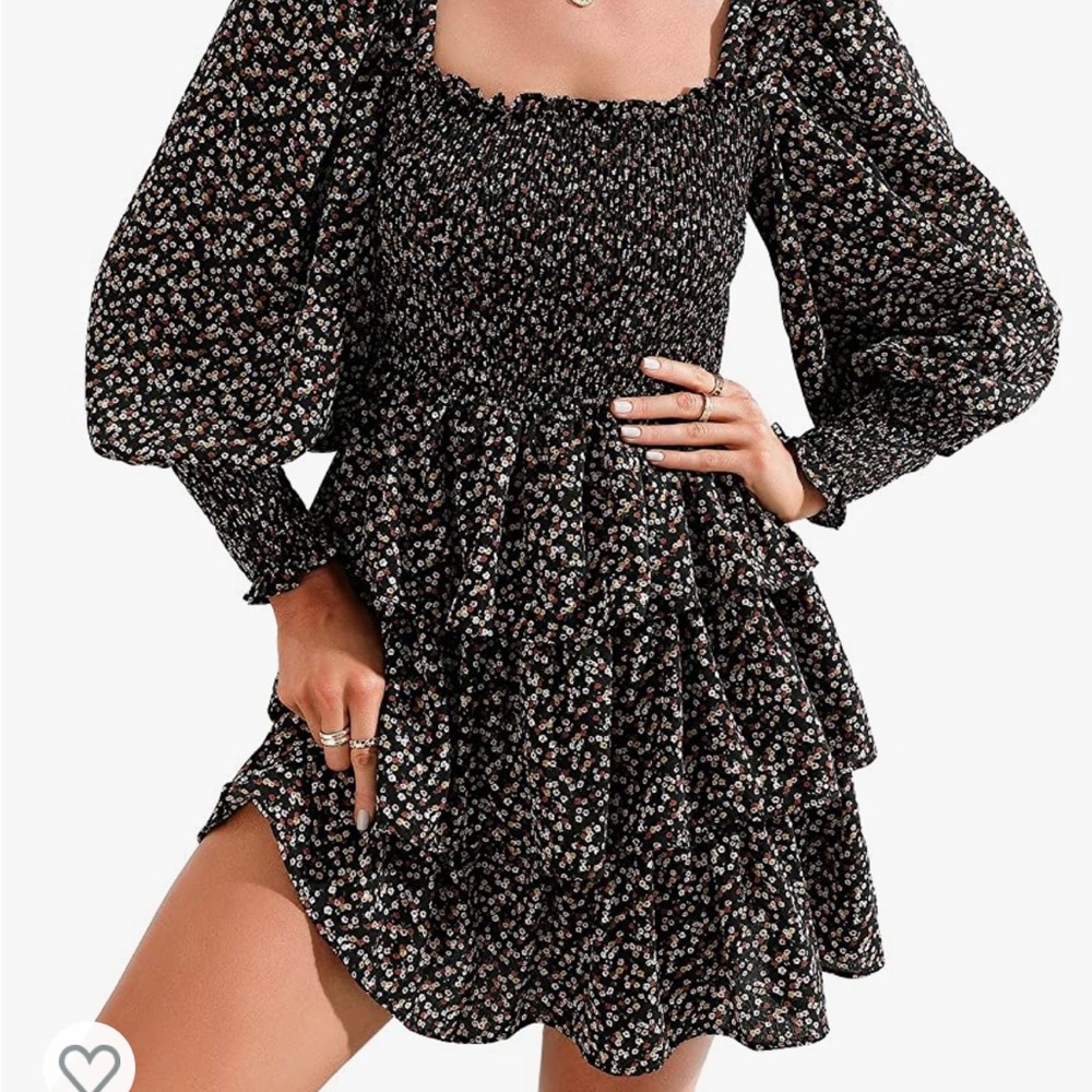 Ruffle Dress Long Sleeve Floral Print Tiered Tie Back Layered Swing